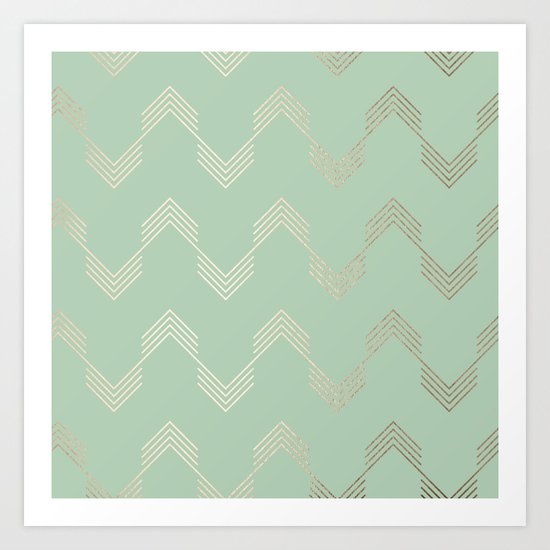 Simply Deconstructed Chevron in White Gold Sands and Pastel Cactus Green Art Print