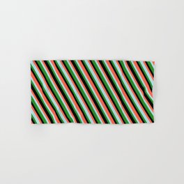[ Thumbnail: Red, Powder Blue, Forest Green & Black Colored Stripes Pattern Hand & Bath Towel ]