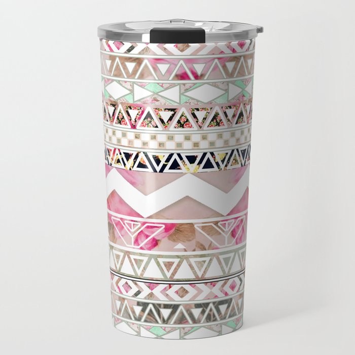 Aztec Spring Time! | Girly Pink White Floral Abstract Aztec Pattern Travel Mug