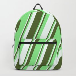 [ Thumbnail: Dark Olive Green, Light Green, and Mint Cream Colored Lines Pattern Backpack ]