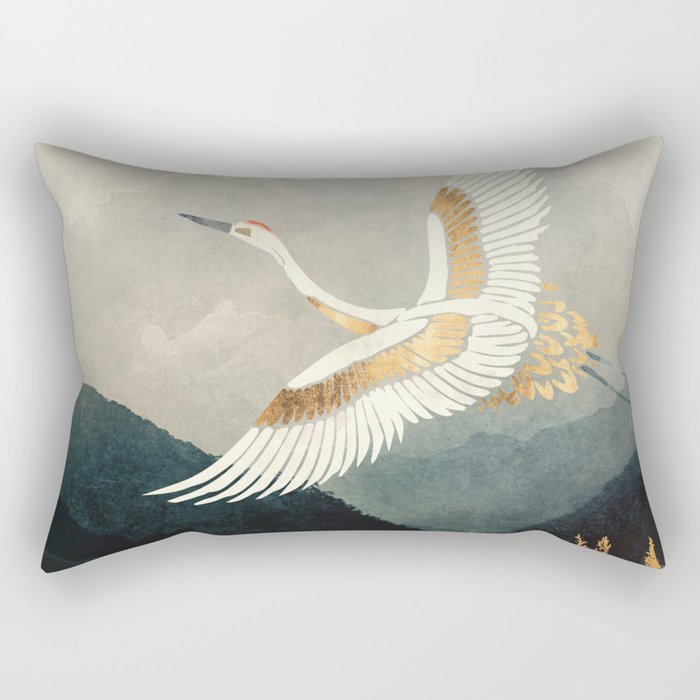 Elegant Flight Rectangular Pillow | Graphic-design, Digital, Watercolor, Crane, Bird, Flight, Mountains, Reeds, Landscape, Nature