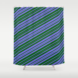 [ Thumbnail: Medium Slate Blue and Dark Green Colored Striped Pattern Shower Curtain ]