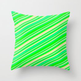 [ Thumbnail: Green, Lime, and Pale Goldenrod Colored Pattern of Stripes Throw Pillow ]