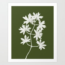 White Leaves Linocut on Olive Background Art Print