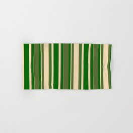 [ Thumbnail: Dark Olive Green, Tan, and Dark Green Colored Lined/Striped Pattern Hand & Bath Towel ]