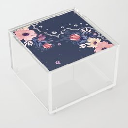 Watercolour pink flowers with navy background  Acrylic Box