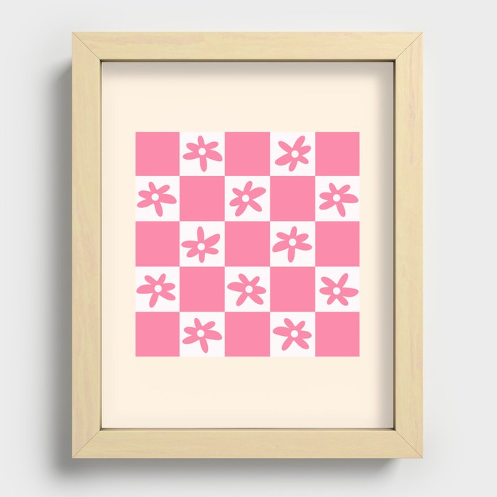 Flower Check Geometric Checkerboard Pattern Pink Recessed Framed Print