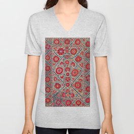 Kermina Suzani Uzbekistan Embroidery Print V Neck T Shirt
