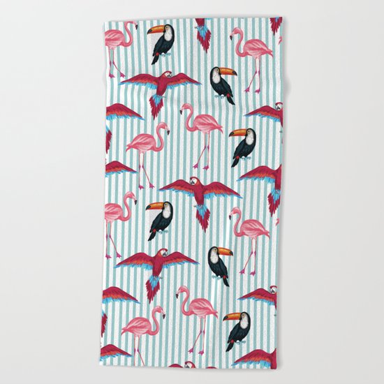 flamingo in tropic mood Beach Towel