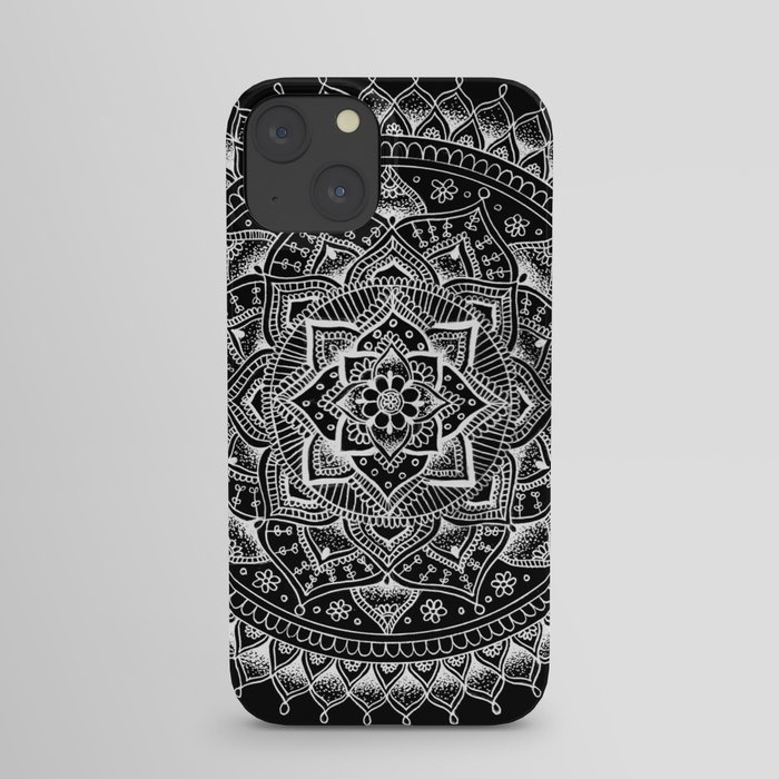 White Flower Mandala on Black iPhone Case