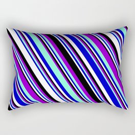 [ Thumbnail: Vibrant Dark Violet, Aquamarine, Blue, White, and Black Colored Striped/Lined Pattern Rectangular Pillow ]