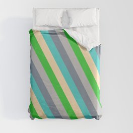 [ Thumbnail: Eyecatching Grey, Light Slate Gray, Turquoise, Beige & Lime Green Colored Stripes/Lines Pattern Duvet Cover ]