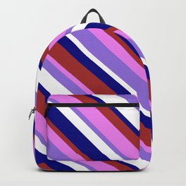 [ Thumbnail: Colorful Blue, Brown, Violet, Purple & White Colored Striped Pattern Backpack ]