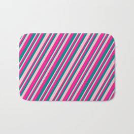 [ Thumbnail: Pink, Deep Pink, and Teal Colored Striped Pattern Bath Mat ]