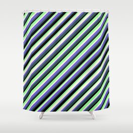 [ Thumbnail: Colorful Beige, Slate Blue, Dark Slate Gray, Black & Green Colored Lined/Striped Pattern Shower Curtain ]