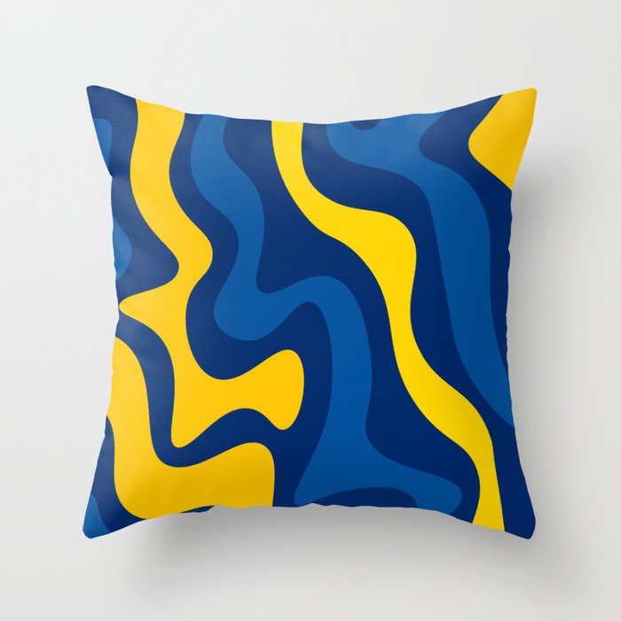 70s Abstract Retro Swirl Print - Golden Poppy and USAFA Blue Throw Pillow