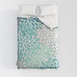 Floral Pattern, Aqua, Teal, Turquoise and Gray Comforter