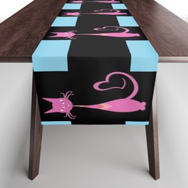 Blue And Black Buffalo Plaid,Valentines Pink Cat Pattern,Blue And Black Plaid , Table Runner