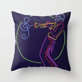 Jazz trumpet player neon sign Throw Pillow