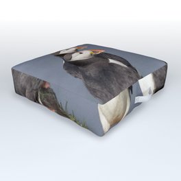 Watercolor Bird, Atlantic Puffins 01, Westman Islands, Iceland, Sunny Tuxedos Outdoor Floor Cushion