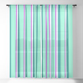 [ Thumbnail: Fuchsia, Light Cyan, Dark Cyan, and Aquamarine Colored Pattern of Stripes Sheer Curtain ]