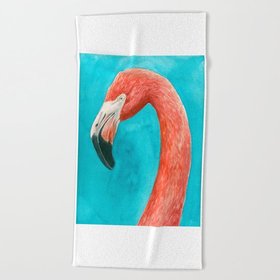 Flamingo watercolor portrait Beach Towel