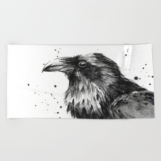 Raven Watercolor Bird Animal Beach Towel