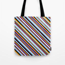 [ Thumbnail: Eye-catching Orange, Indigo, Mint Cream, Sky Blue, and Black Colored Stripes Pattern Tote Bag ]
