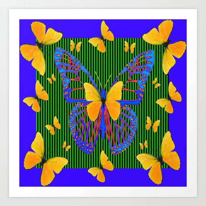 YELLOW BUTTERFLIES  BLUE MODERN ART DESIGN Art Print