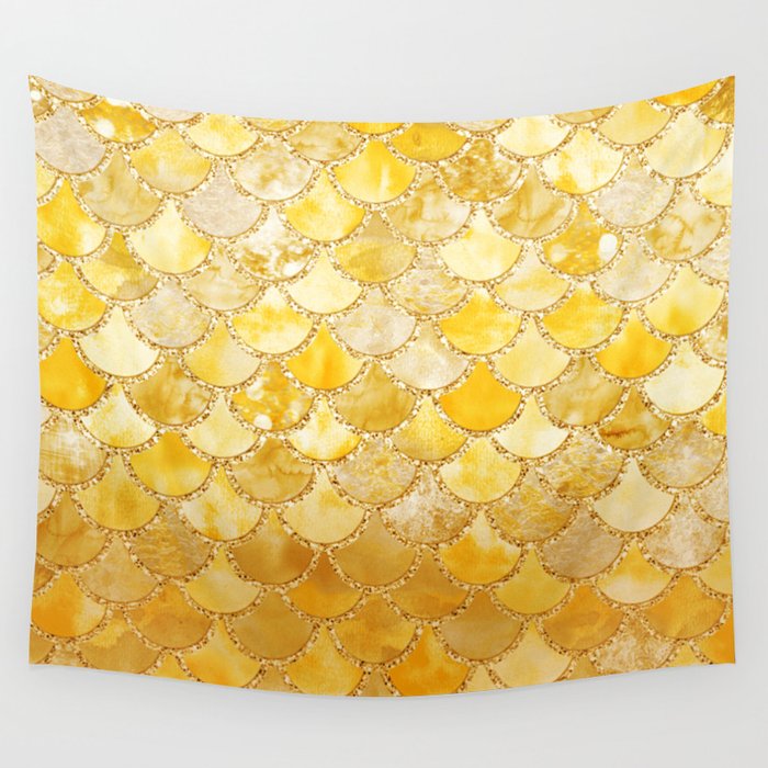 Sunny Gold Colorful Watercolor Trendy Glitter Mermaid Scales Wall Tapestry