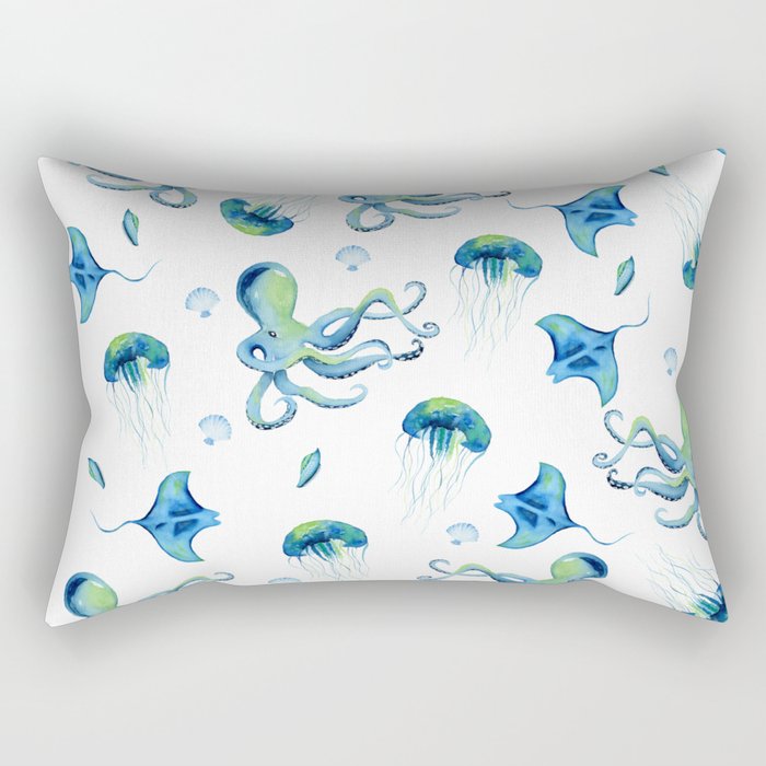 Watercolor Ocean Collage Rectangular Pillow