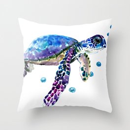 Sea Turtle, blue purple illustration children room cute turtle artwork Throw Pillow