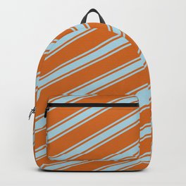 [ Thumbnail: Chocolate and Light Blue Colored Lined Pattern Backpack ]