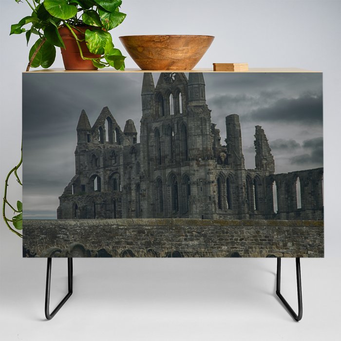 Great Britain Photography - Whitby Abbey Under The Gray Clouds Credenza