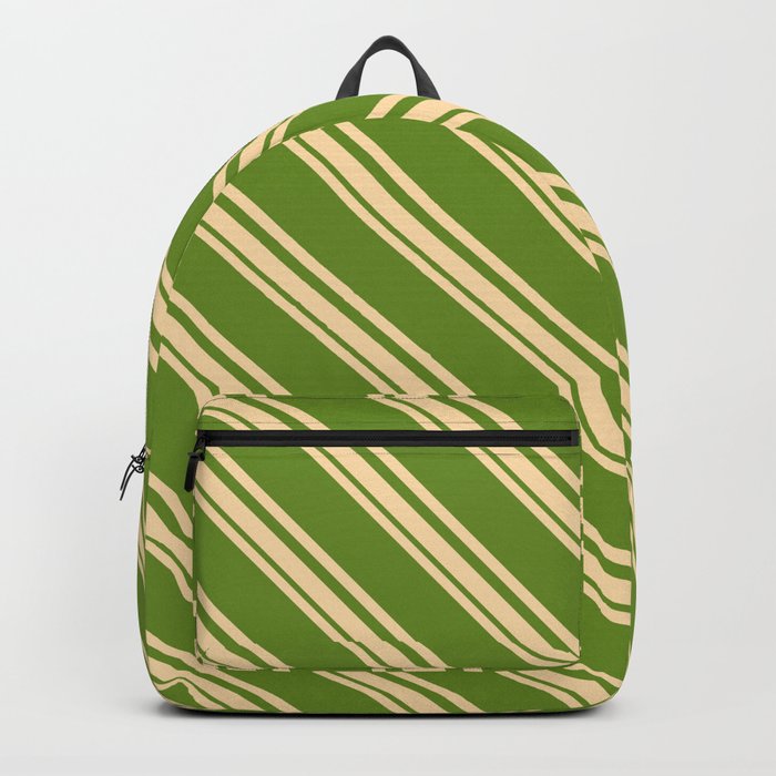 Tan and Green Colored Striped/Lined Pattern Backpack