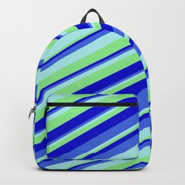 [ Thumbnail: Turquoise, Light Green, Blue, and Royal Blue Colored Stripes/Lines Pattern Backpack ]