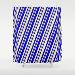 [ Thumbnail: Pale Goldenrod & Blue Colored Lines/Stripes Pattern Shower Curtain ]