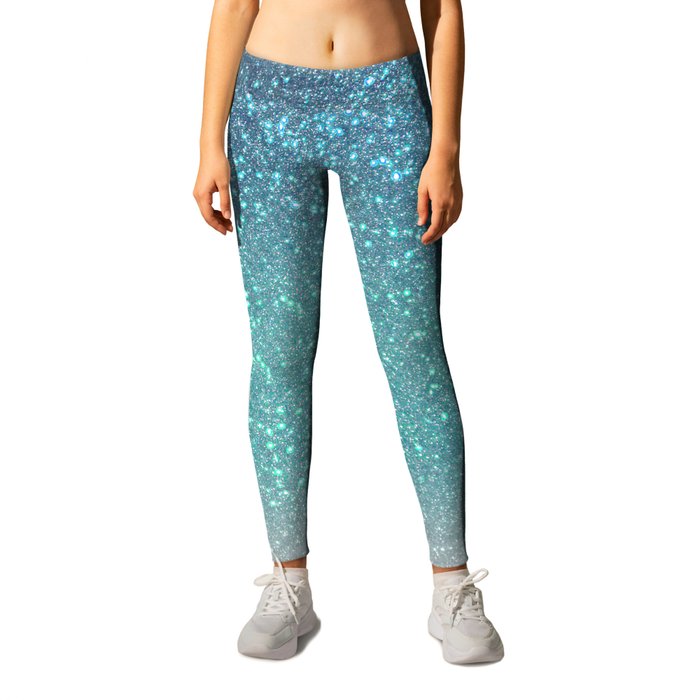Bright Blue Teal Sparkly Glitter Ombre Gradient Leggings