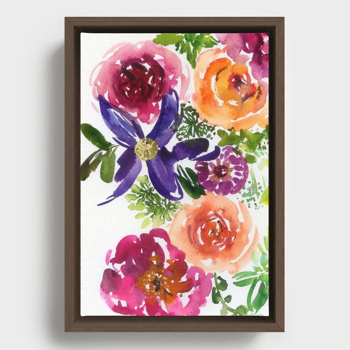 clematis/rose/peony in watercolor Framed Canvas