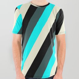 [ Thumbnail: Dark Slate Gray, Cyan, Beige, and Black Colored Lines Pattern All Over Graphic Tee ]