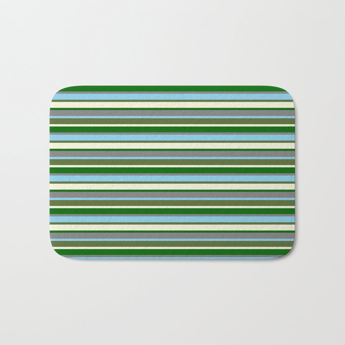 Vibrant Grey, Sky Blue, Dark Olive Green, Beige, and Dark Green Colored Lined/Striped Pattern Bath Mat