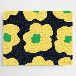 Large Pop-Art Retro Flowers in Yellow Green on Black Background  Jigsaw Puzzle
