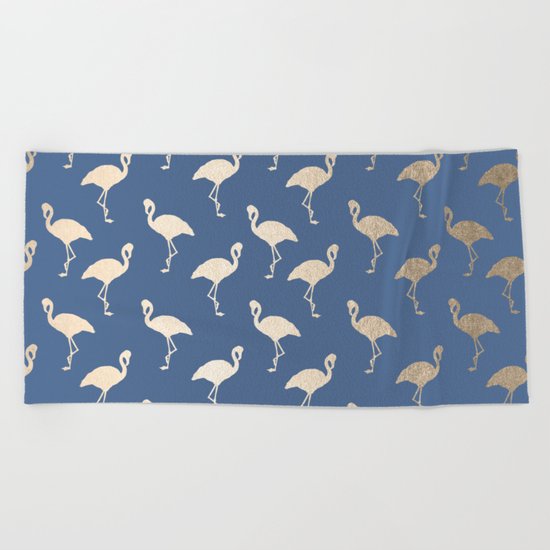 Gold Flamingo on Aegean Blue Beach Towel
