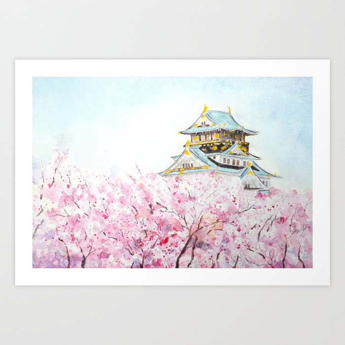 Japan Osaka castle and sakura watercolor painting Art Print