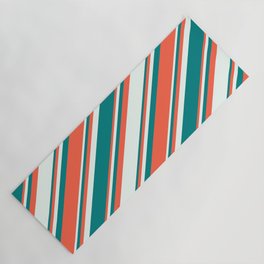 [ Thumbnail: Red, Mint Cream & Teal Colored Lines Pattern Yoga Mat ]