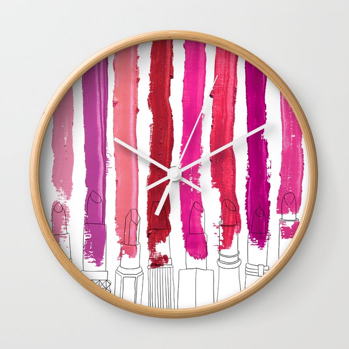Lipstick Stripes - Floral Fuschia Red Wall Clock