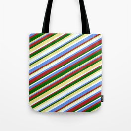 [ Thumbnail: Colorful Tan, Mint Cream, Cornflower Blue, Red, and Dark Green Colored Stripes Pattern Tote Bag ]