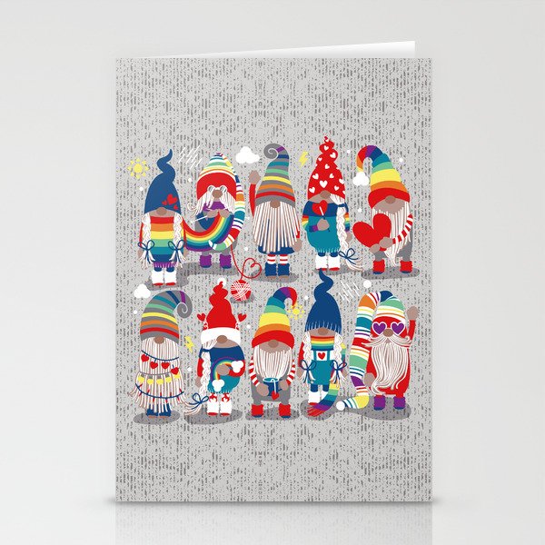 I gnome you // grey background little happy and lovely gnomes with rainbows vivid red hearts Stationery Cards
