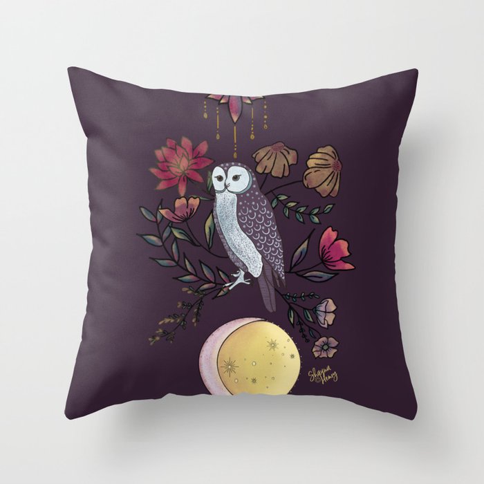Floral Owl & Moon Illustration Eggplant Throw Pillow