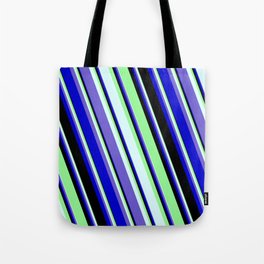 [ Thumbnail: Green, Light Cyan, Slate Blue, Blue, and Black Colored Stripes Pattern Tote Bag ]